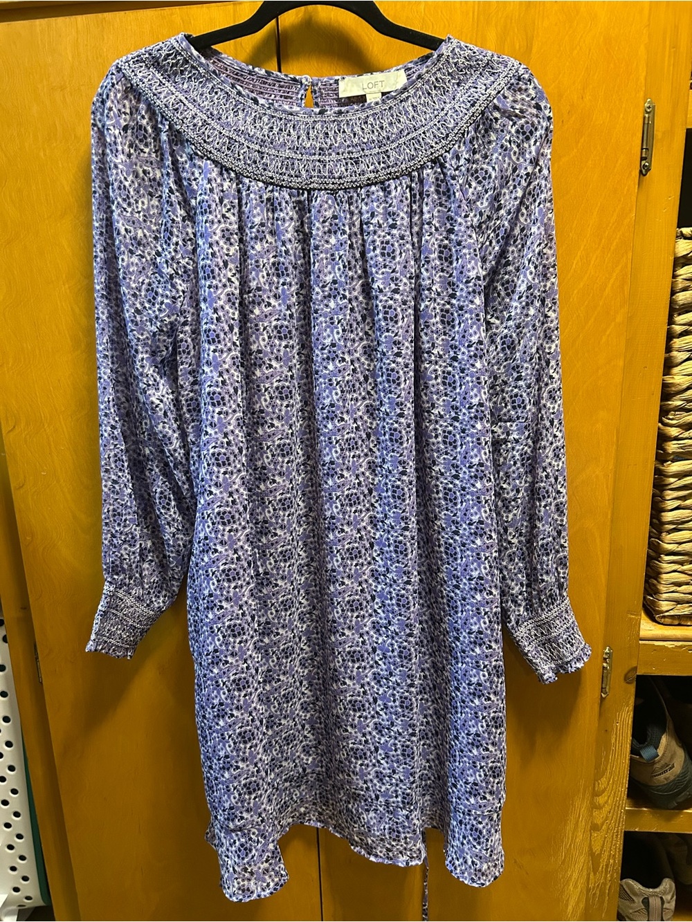 LOFT Lavender Smocked-Yoke Long Sleeve Dress